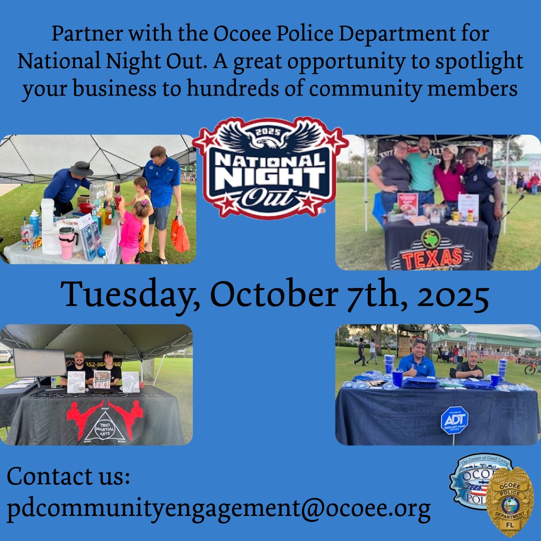 Want to spotlight your business at a major Ocoee event?
Partner with <a href="/OcoeePD/">Ocoee Police Department</a> for National Night Out!
📅 Tuesday, October 7th.
Reach hundreds, support your community, and be part of something big. Setup a tent, table, or booth.
📩 Contact us: pdcommunityengagement@ocoee.org