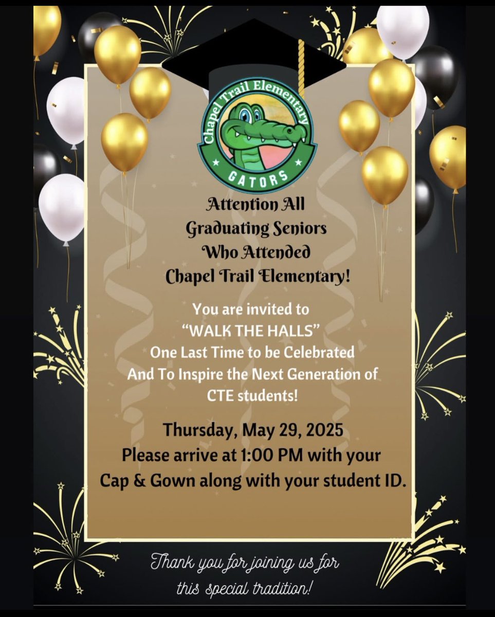 Calling All Seniors! 🎉📣It’s time for a throwback! Join us for the annual “Walk the Halls” event and take a trip down memory lane as you revisit your elementary school. Date: May 29th
Time: 1:00 PM. We can’t wait to see you there! <a href="/Mr_P_WB/">Mr. P</a> <a href="/Mr_P_WB/">Mr. P</a> <a href="/DionneSterlingX/">Dionne Sterling, Ed.S.</a>