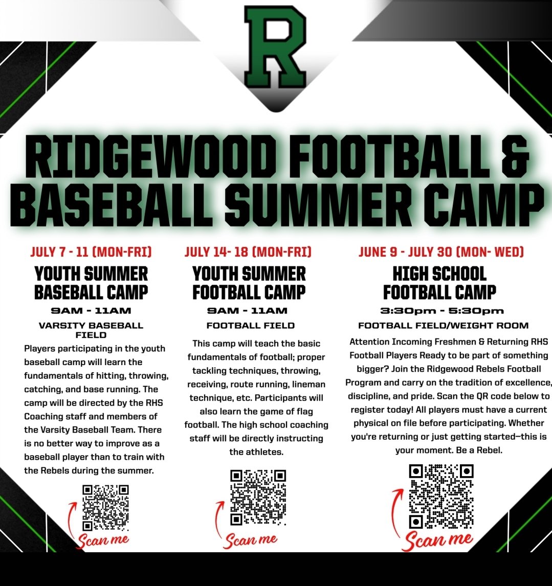 Ridgewood Football &amp; Baseball Summer Camps are HERE!
Scan the QR codes to register NOW!
Let’s get better this summer. Be a Rebel.

#RidgewoodRebels #YouthCamp #FootballCamp #BaseballCamp #BeARebel #TrainWithTheBest #RHSRebels