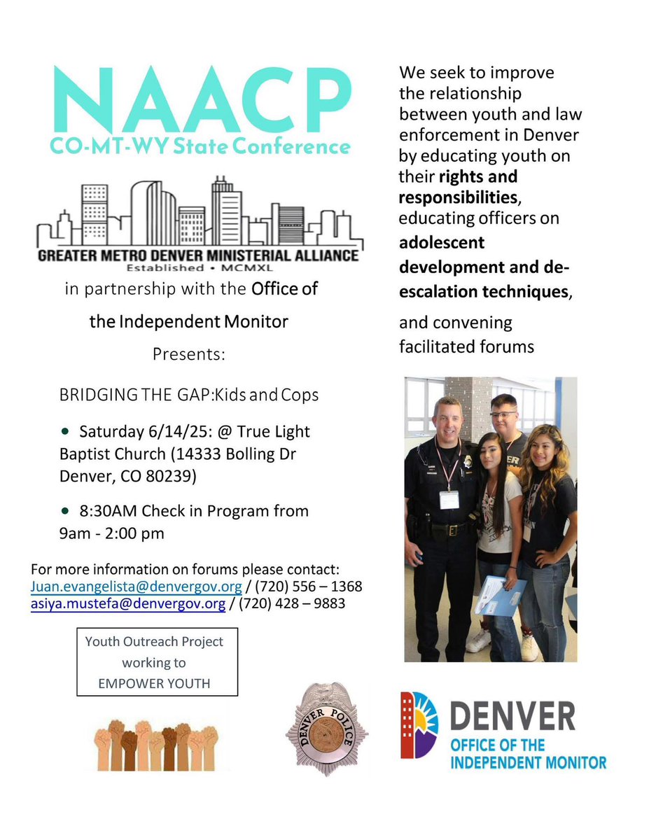 Portia Prescott Colorado (@portiacolorado) on Twitter photo Save the Date for on Saturday, June 14th from 8am to 3pm for the Rocky Mountain NAACP <a href="/rmnaacp/">NAACP CO-MT-WY State Conference</a> Youth Workshop, Bridging the Gap with the <a href="/DenverPolice/">Denver Police Dept.</a> to prevent youth violence this summer! #RMNAACP Save the Date for on Saturday, June 14th from 8am to 3pm for the Rocky Mountain NAACP <a href="/rmnaacp/">NAACP CO-MT-WY State Conference</a> Youth Workshop, Bridging the Gap with the <a href="/DenverPolice/">Denver Police Dept.</a> to prevent youth violence this summer! #RMNAACP