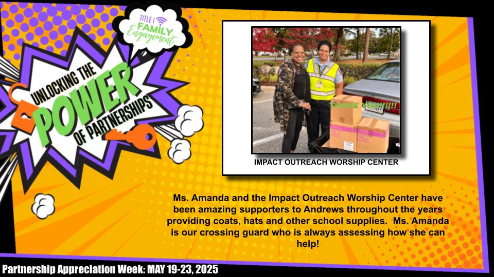 April Howard (@msaprilhoward) on Twitter photo Title I Community Partner Appreciation Week 2025
<a href="/AndrewsPreK8/">Andrews PreK-8 School</a> #FamilyEngagement Title I Community Partner Appreciation Week 2025
<a href="/AndrewsPreK8/">Andrews PreK-8 School</a> #FamilyEngagement