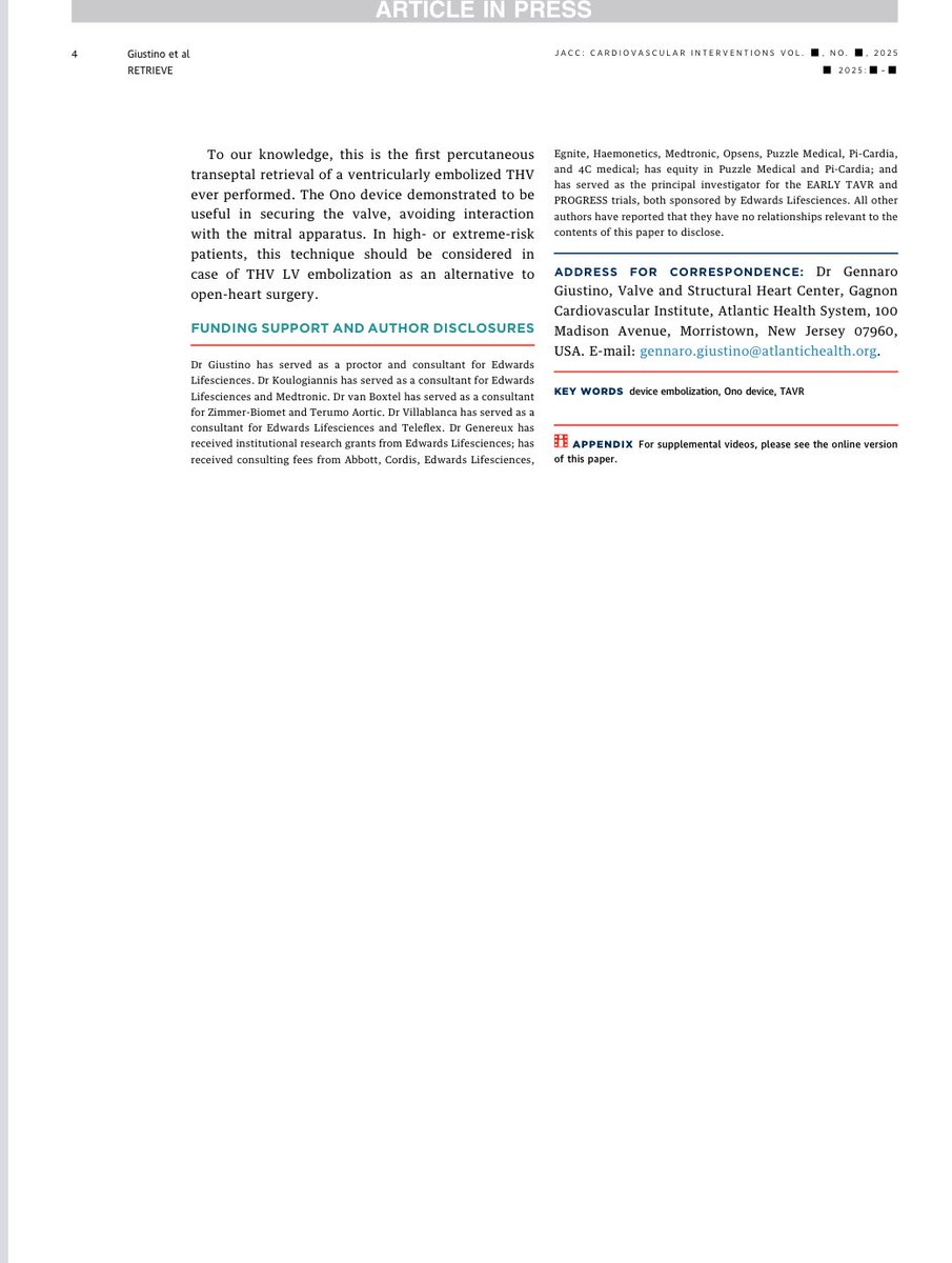 ŌNŌCOR (@onocorvascular) on Twitter photo First-in-human percutaneous transseptal Retrieval of Embolized TRanscatheter valve In the lEft VEntricle (RETRIEVE) | JACC: Cardiovascular Interventions jacc.org/doi/10.1016/j.…
ŌNŌ helps again…
<a href="/g_giustinoMD/">Gennaro Giustino, MD</a>
<a href="/PhilGenereuxMD/">Philippe Genereux</a> First-in-human percutaneous transseptal Retrieval of Embolized TRanscatheter valve In the lEft VEntricle (RETRIEVE) | JACC: Cardiovascular Interventions jacc.org/doi/10.1016/j.…
ŌNŌ helps again…
<a href="/g_giustinoMD/">Gennaro Giustino, MD</a>
<a href="/PhilGenereuxMD/">Philippe Genereux</a>