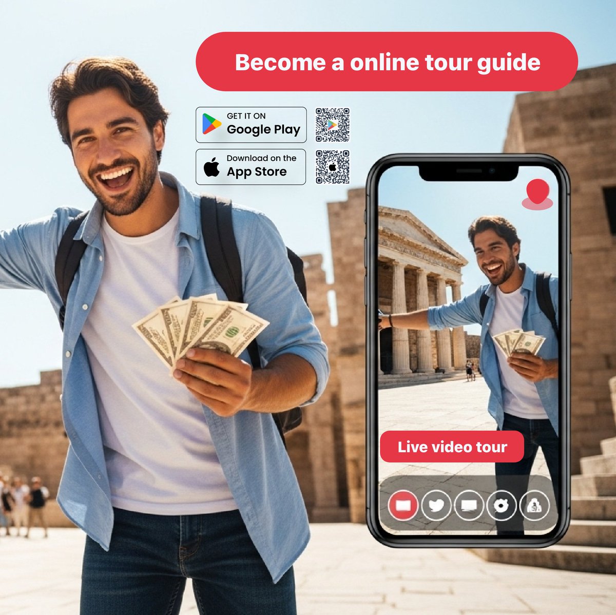 RouzanLive's tweet photo. #tour the world, earn cash 

Here's how it works:

1. Upload short videos and showcase your city.

2. Receive video calls from viewers, sharing your local insights.

2. Get paid for every minute you guide, turning your free time into cash.

Get $5 on sign-up! #travel #tourGuide https://t.co/1hIuK2FtT3