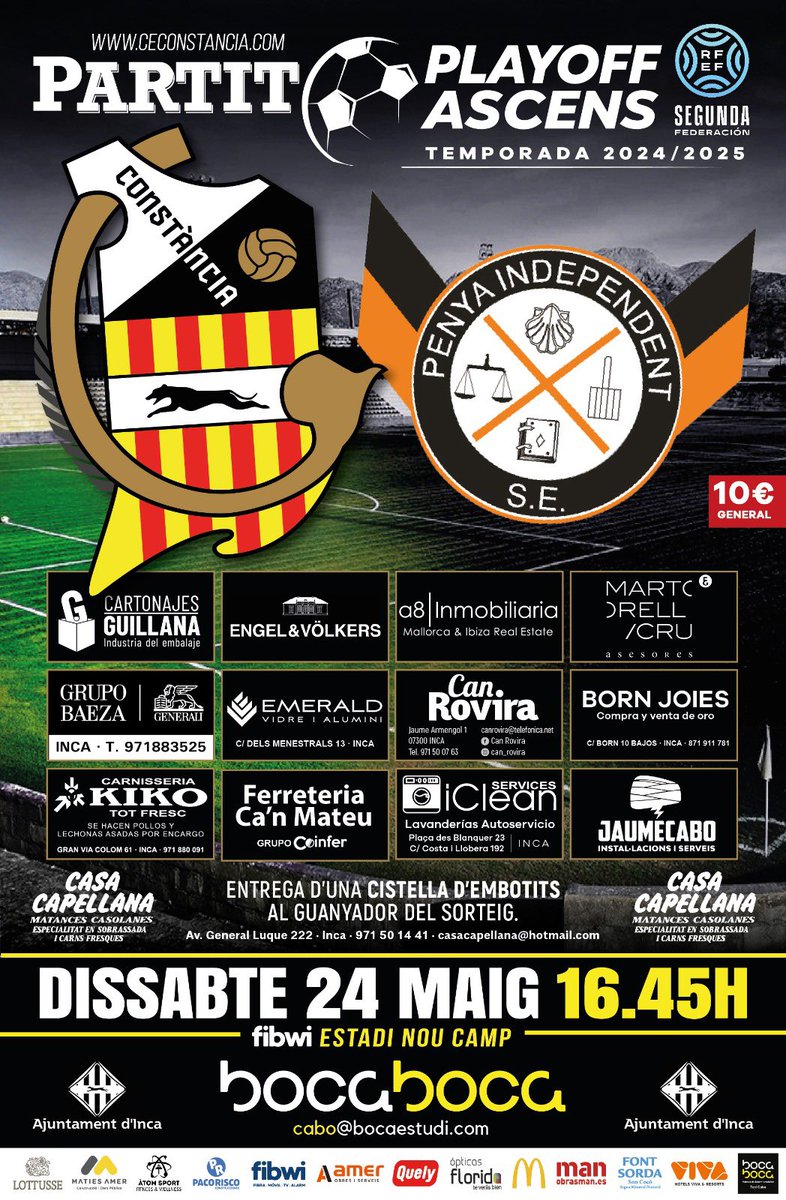 🔥 AQUEST DISSABTE!!

👉🏼 Tornada Play Off Ascens a Segona RFEF.

📅 24-05-2025

⚽️ <a href="/CEConstancia/">CE Constància</a> 🆚 <a href="/SE_Pindependent/">SE Penya Independent</a> 

⏰ 16.45

🏟️ <a href="/fibwi/">fibwi</a> Estadi Nou Camp d’Inca.

🤍🖤 Vine de blanc i negre per animar al Constància.