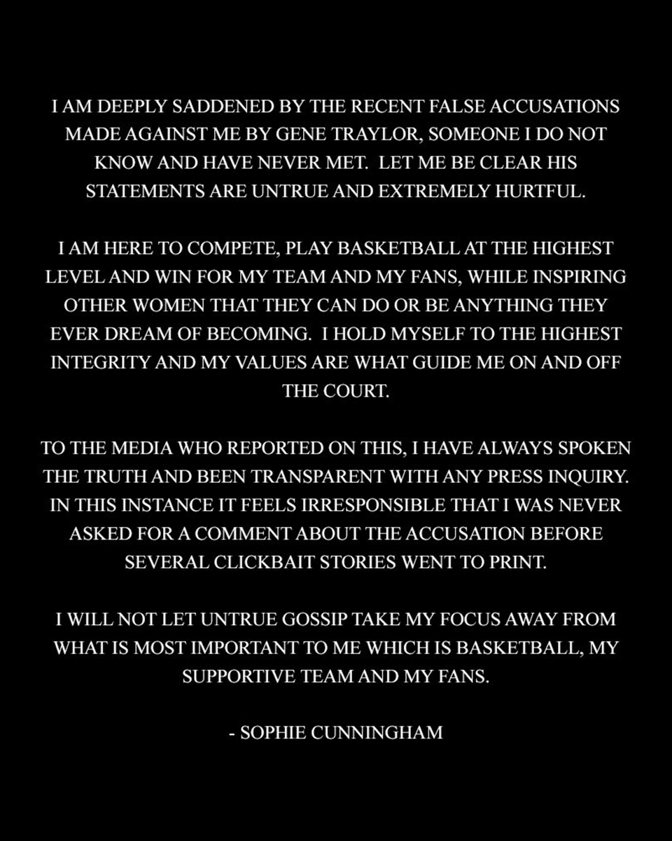 espnW's tweet photo. Indiana Fever guard Sophie Cunningham released a statement denying recent allegations that she was having an affair with Phoenix Suns and Mercury CEO Josh Bartelstein.

The Suns also issued a statement Tuesday denying the allegations. https://t.co/7xjIdLFnz4