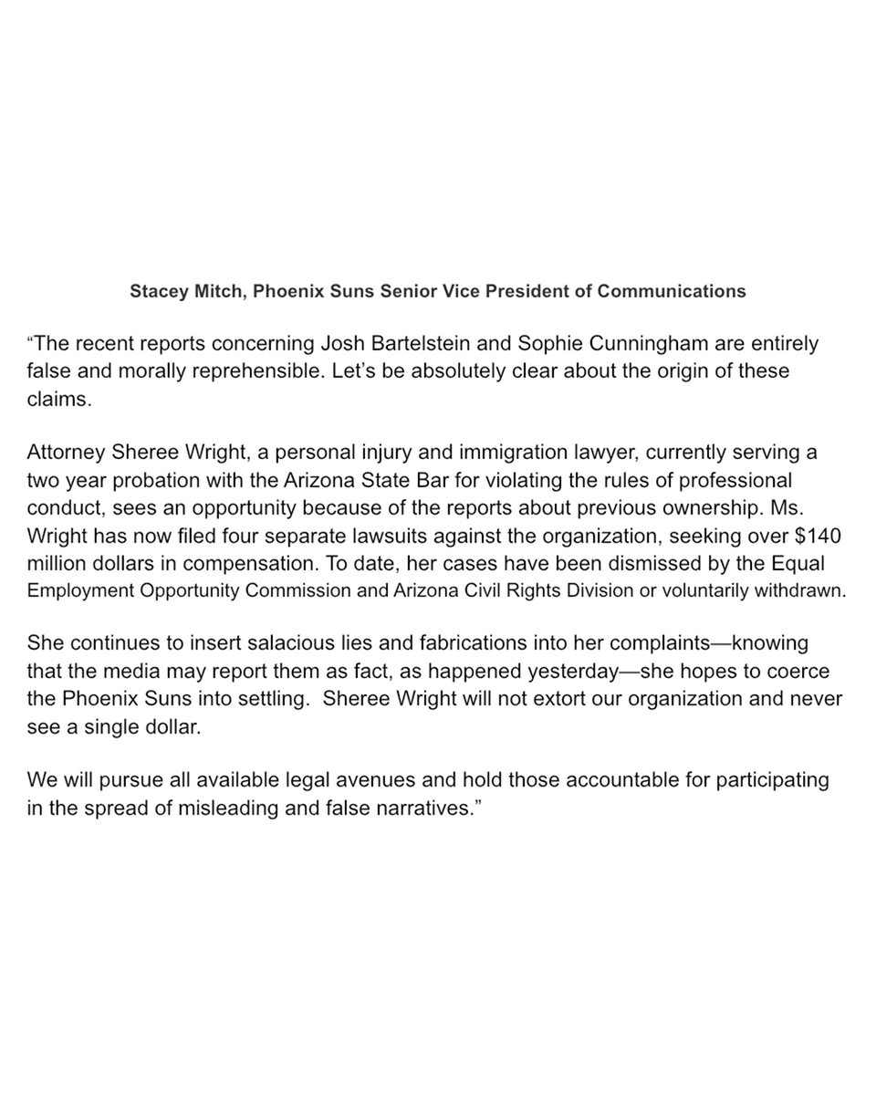 Indiana Fever guard Sophie Cunningham released a statement denying recent allegations that she was having an affair with Phoenix Suns and Mercury CEO Josh Bartelstein.

The Suns also issued a statement Tuesday denying the allegations.