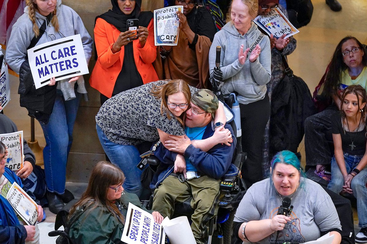 MNHouseInfo (@mnhouseinfo) on Twitter photo Rep. <a href="/RepKimHicksMN/">Representative Kim Hicks</a> hugs a man attending Wednesday's Disability Rights Rally in the Capitol Rotunda. Hicks joined advocates calling for the protection of disability services as part of ongoing #mnleg budget negotiations.
📸 Michele Jokinen Rep. <a href="/RepKimHicksMN/">Representative Kim Hicks</a> hugs a man attending Wednesday's Disability Rights Rally in the Capitol Rotunda. Hicks joined advocates calling for the protection of disability services as part of ongoing #mnleg budget negotiations.
📸 Michele Jokinen