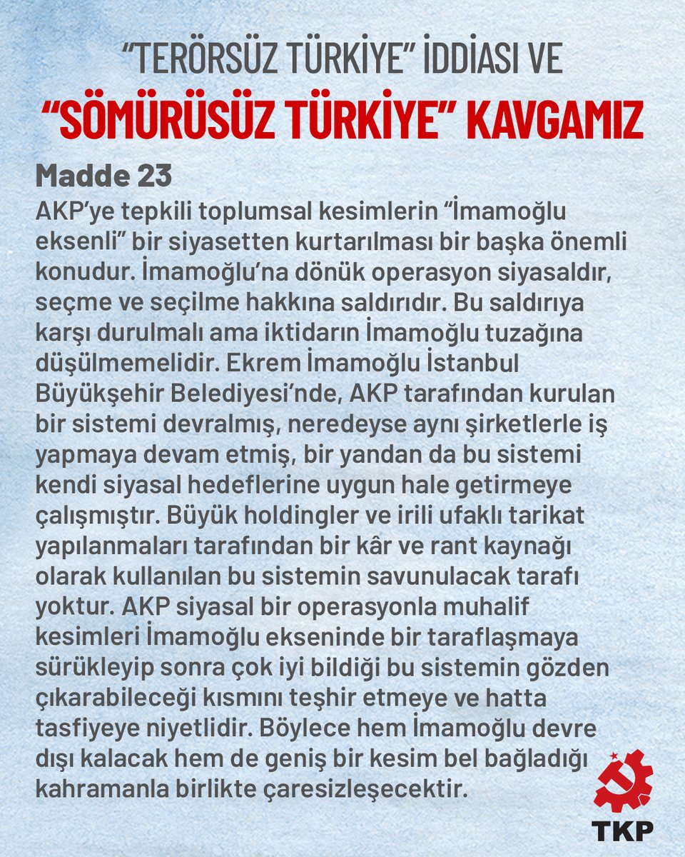 TKP, iktidarın İmamoğlu tuzağı diyerek neyi kastetmektedir?

📌AÇIKLAMAMIZIN TAMAMI İÇİN:
➡️tkp.org.tr/aciklamalar/te…