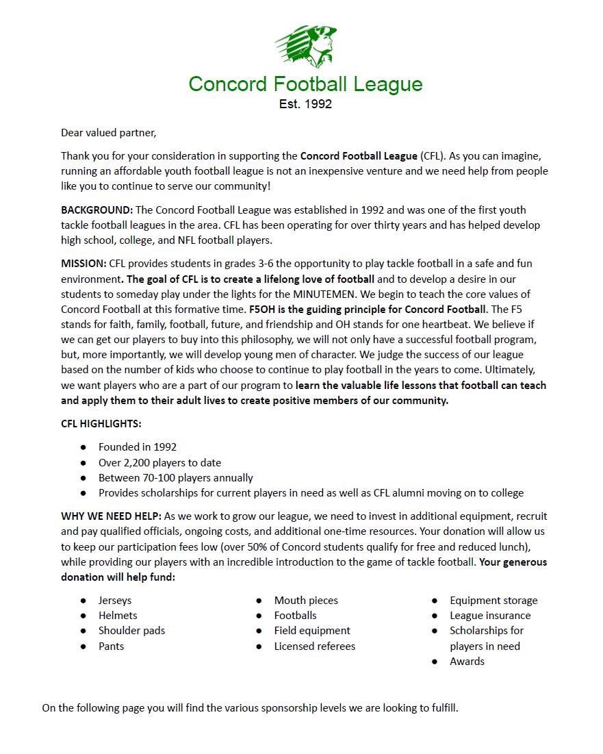 ConcordCFL's tweet photo. We are excited to prepare for another year of Concord Football League! This year we are planning on expanding CFL to include 3rd grade! In order to keep the league affordable to ALL families, we need the help of sponsors like you! Attached is the CFL sponsorship letter for 2025. https://t.co/nYFOI1mTbn