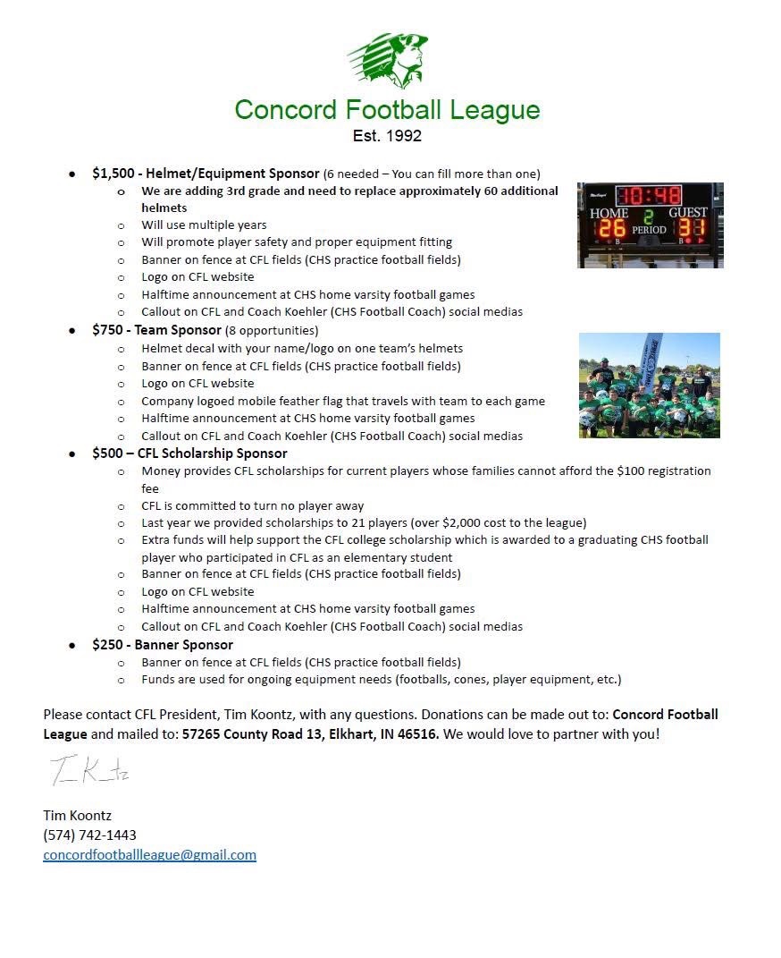 ConcordCFL's tweet photo. We are excited to prepare for another year of Concord Football League! This year we are planning on expanding CFL to include 3rd grade! In order to keep the league affordable to ALL families, we need the help of sponsors like you! Attached is the CFL sponsorship letter for 2025. https://t.co/nYFOI1mTbn