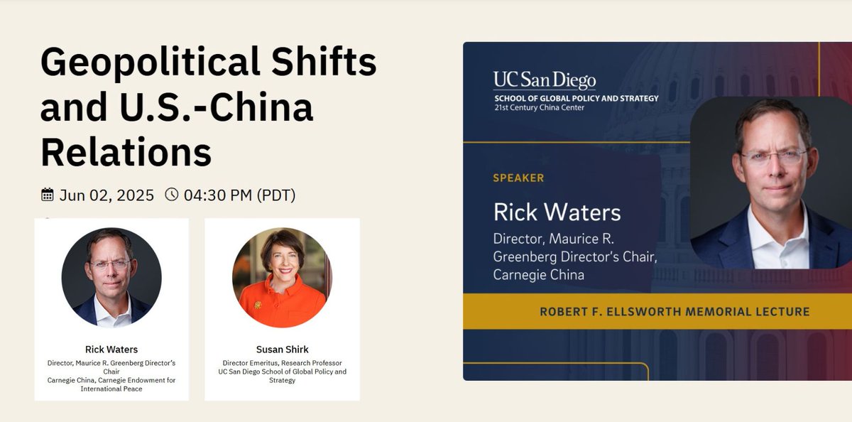 21st Century China (@21centurychina) on Twitter photo Join us 6/02 at 4:30pm PT! <a href="/watersrick/">rick waters</a> <a href="/CarnegieChina/">Carnegie China</a> will examine the U.S.-China rivalry unfolding amid U.S. strategic retreat and a global democratic downturn. <a href="/SusanShirk1/">Susan Shirk</a> moderates. RSVP:
ow.ly/HpLm50VEyym Join us 6/02 at 4:30pm PT! <a href="/watersrick/">rick waters</a> <a href="/CarnegieChina/">Carnegie China</a> will examine the U.S.-China rivalry unfolding amid U.S. strategic retreat and a global democratic downturn. <a href="/SusanShirk1/">Susan Shirk</a> moderates. RSVP:
ow.ly/HpLm50VEyym