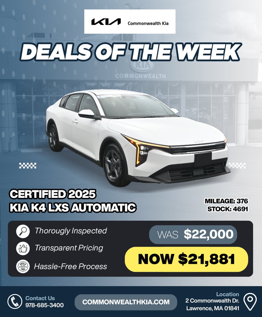 CMKIA_'s tweet image. 🔥🚘 Find your next ride with our Pre-Owned Picks of the Week at Commonwealth Kia! From certified Kias to budget-friendly SUVs and sedans—your deal is waiting.
👉 Shop now: commonwealthkia.com
#KiaDeals #UsedCarSpecials #ShopUsLast #LawrenceMA
