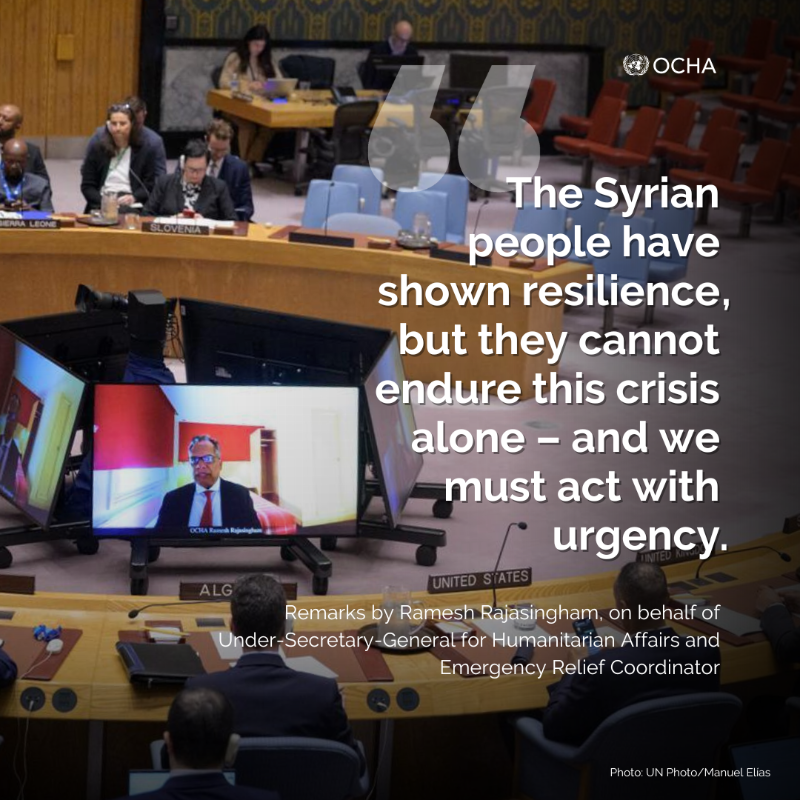 UNOCHA's tweet photo. After many years of suffering and hardship, Syrian people have renewed hope.

Humanitarian needs have not disappeared. Some progress has been made, but funding cuts are making it hard.

More support is needed to provide essential aid and lay the groundwork for recovery in #Syria.
