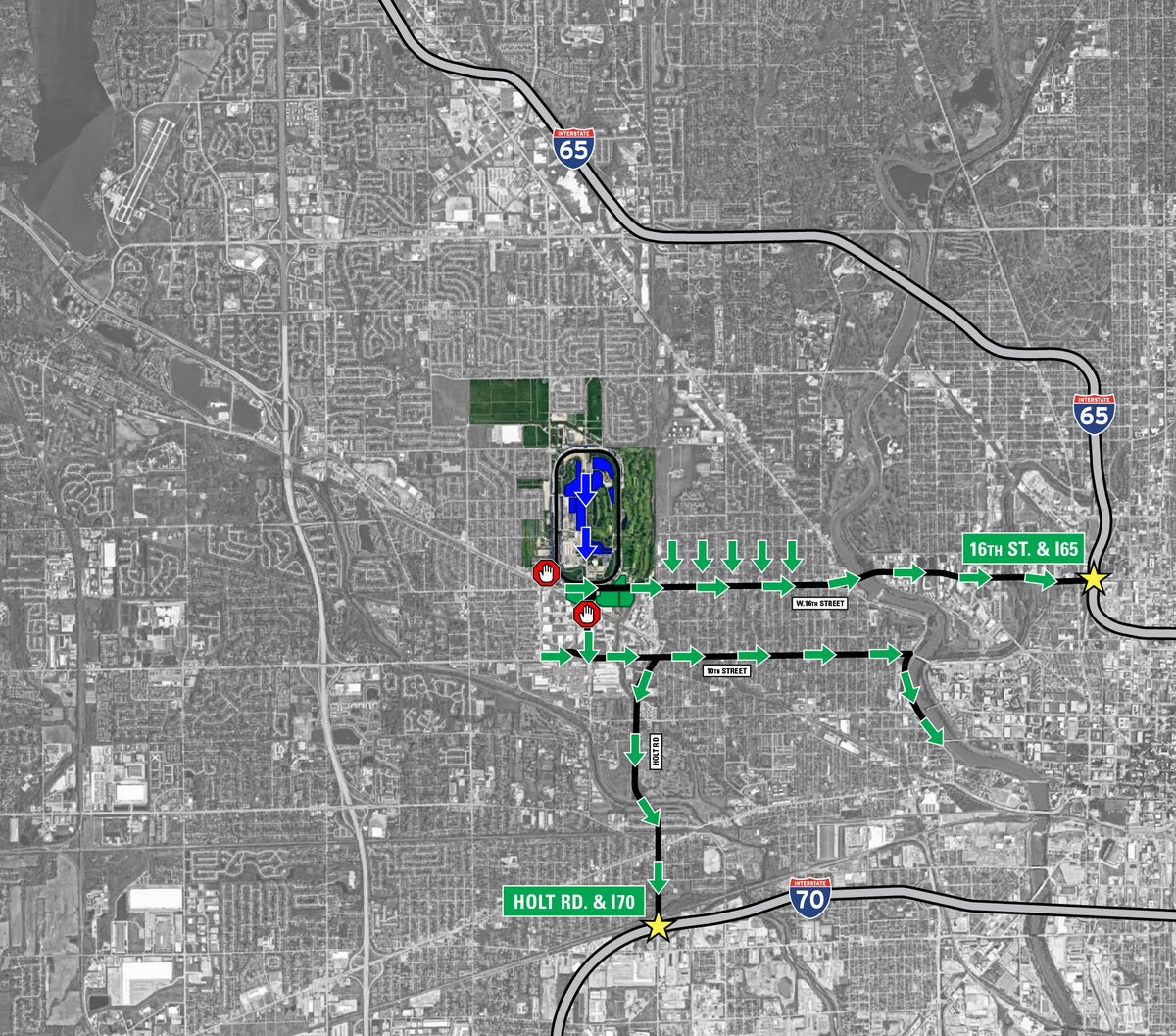 IMS's tweet photo. Fans should continue to plan ahead as they prepare to leave IMS after the #Indy500

IMS and the surrounding area is divided into 4 quadrants. Fans will be directed to the nearest interstate access based on the quadrant in which they are parked – not their intended destination. https://t.co/yqPkfmwN9H