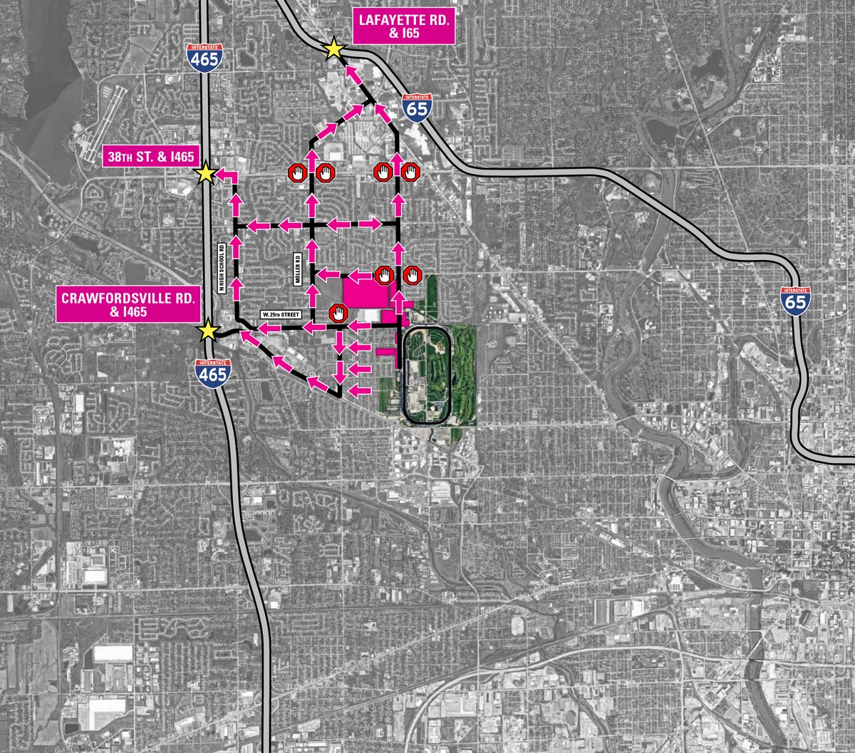 IMS's tweet photo. Fans should continue to plan ahead as they prepare to leave IMS after the #Indy500

IMS and the surrounding area is divided into 4 quadrants. Fans will be directed to the nearest interstate access based on the quadrant in which they are parked – not their intended destination. https://t.co/yqPkfmwN9H