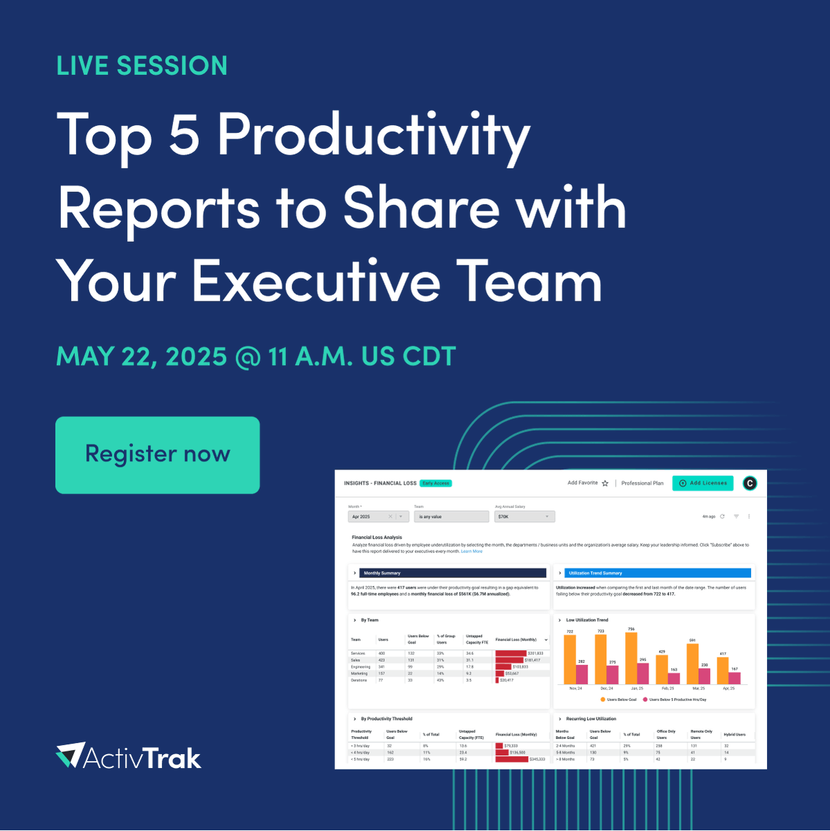 TOMORROW - Executive Webinar for Operations, IT &amp; HR Leaders

We'll show leaders how to utilize ActivTrak insights to inform executives of RTO plans, optimize costs &amp; measure AI investments. 

Reserve your spot bit.ly/3F7LLH3

#workforceanalytics #productivitymanagement