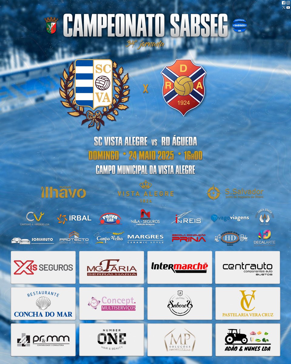 🇮🇨 Último jogo em casa!

⚽ SC Vista Alegre vs RD Águeda
📆 sábado, 24 maio 2025
🕕 16h00
🏟️ Campo Municipal da Vista Alegre
🎫 Quem apresentar o bilhete da jornada anterior, tem entrada gratuita‼️

⚪️🔵
#CrescemosJuntos
#JuntosSomosTalé