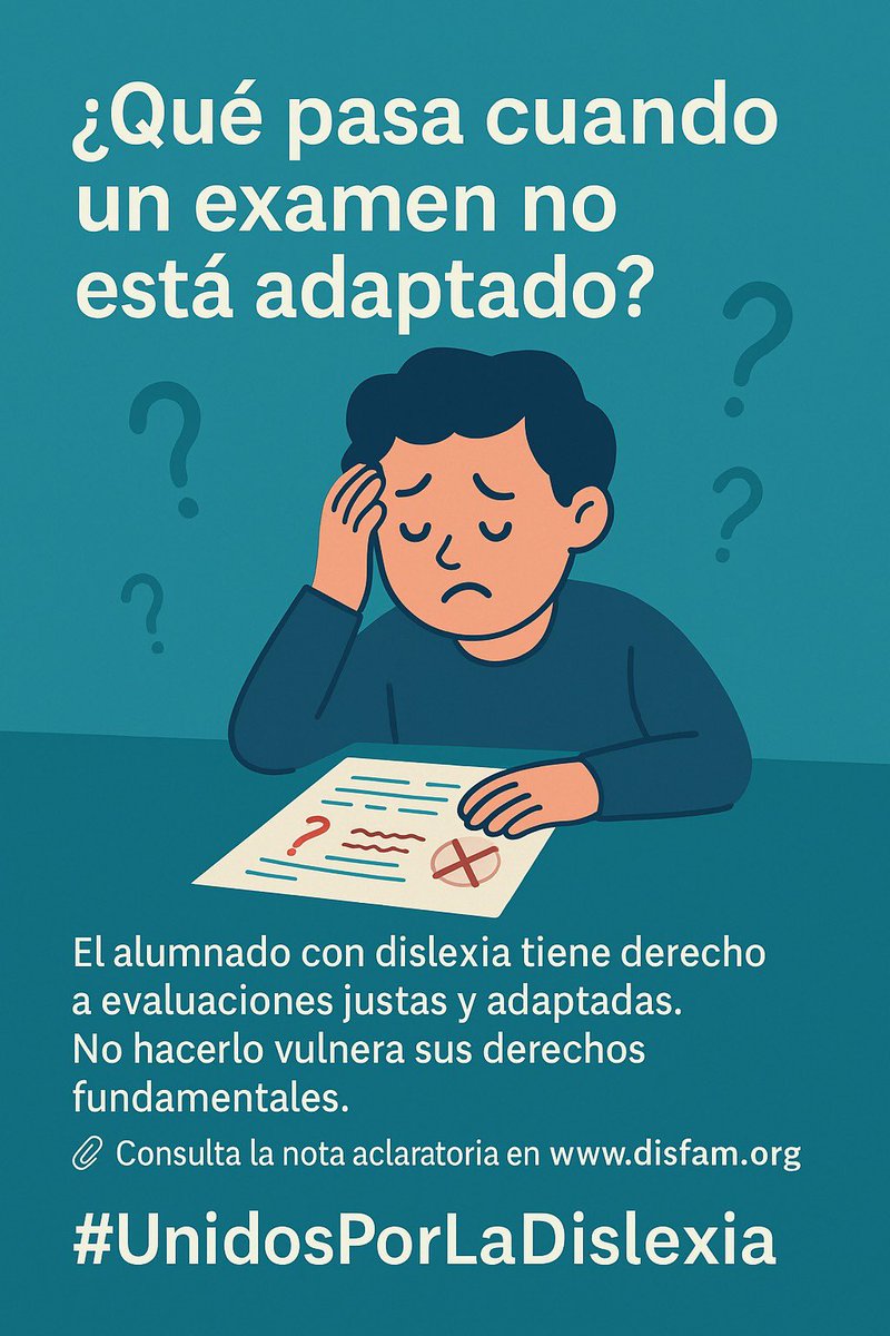 Los exámenes que no están adaptados ni cuentan con los ajustes razonables para el alumnado con Dificultades Específicas de Aprendizaje, NO deberían contabilizarse ni tenerse en cuenta ❌

Consulta la nota aclaratoria en disfam.org/documentacion/…