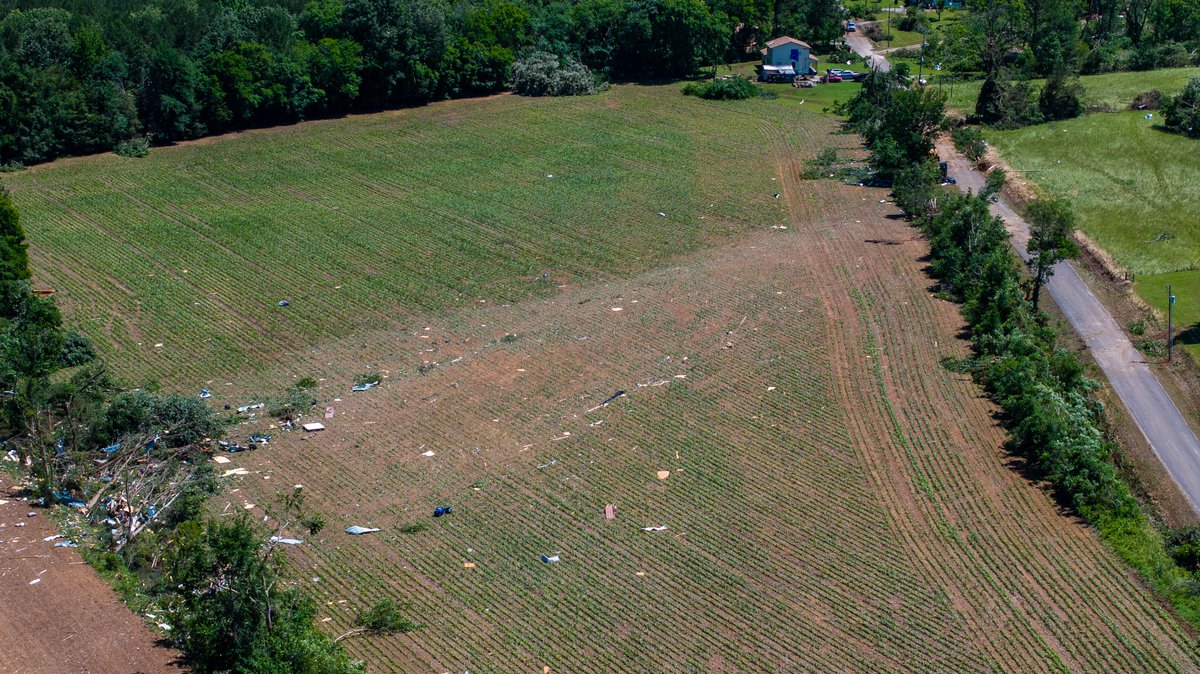 DualDoppler's tweet photo. Aerial views today from Tanner, AL and Killingsworth Cove Rd. Alabama, where several intense tornadoes touched down yesterday evening. Several areas of mass treefall and cycloidal markings are present amongst the damaged areas https://t.co/PrbDV2TzZh