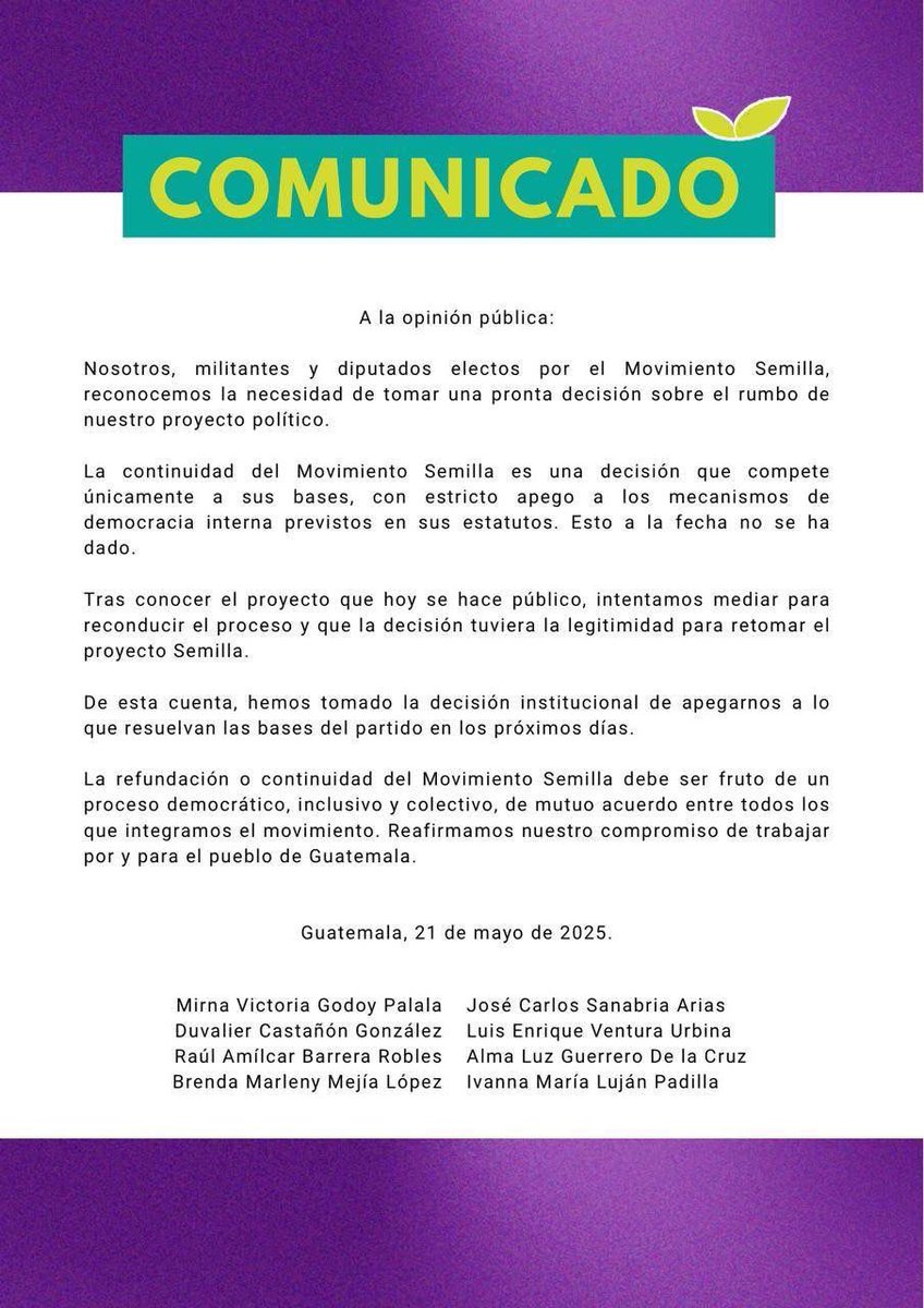 CanalAntigua's tweet photo. ➡️La facción del partido Movimiento Semilla que no acompañará al nuevo proyecto político liderado por Samuel Pérez emitió un comunicado en donde indica que dejará en manos de sus bases la continuidad o refundación de Semilla.
#Semilla #SamuelPérez #Comunicado https://t.co/Ht0UnNcp9t
