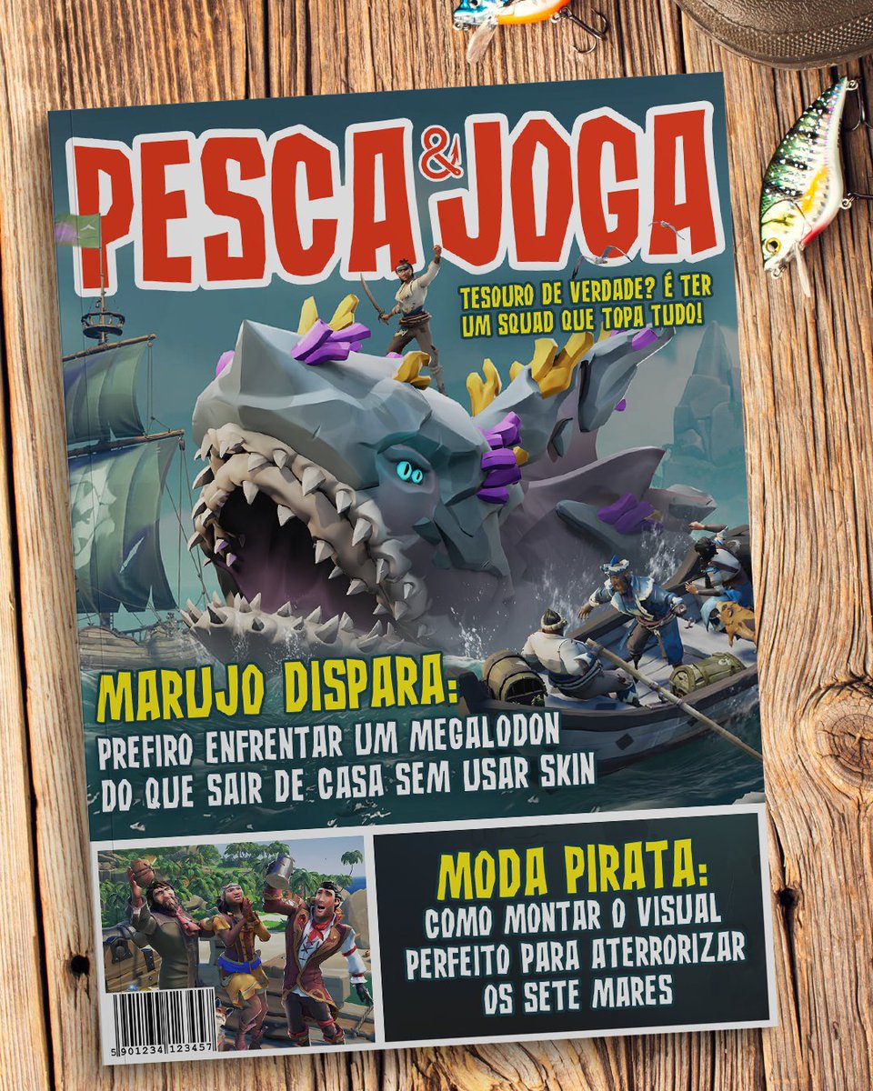 Acompanhe todas as novidades da nova temporada de Sea of Thieves na edição especial da revista Pesca &amp; Joga! 📖⚓️ (Imagem meramente ilustrativa, a revista não existe... mas o Megalodon sim! 🦈