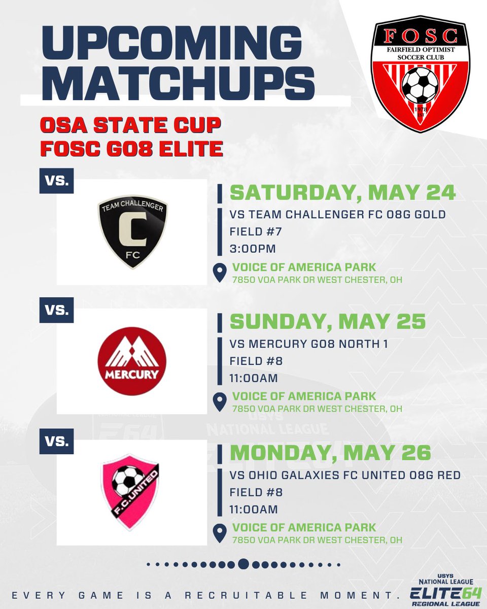 #FOSCG08Elite is headed to <a href="/theohiosoccer/">Ohio Soccer Association</a> STATE CUP this weekend! Here’s our schedule, with all games at Voice of America Park. Hope to see you there!