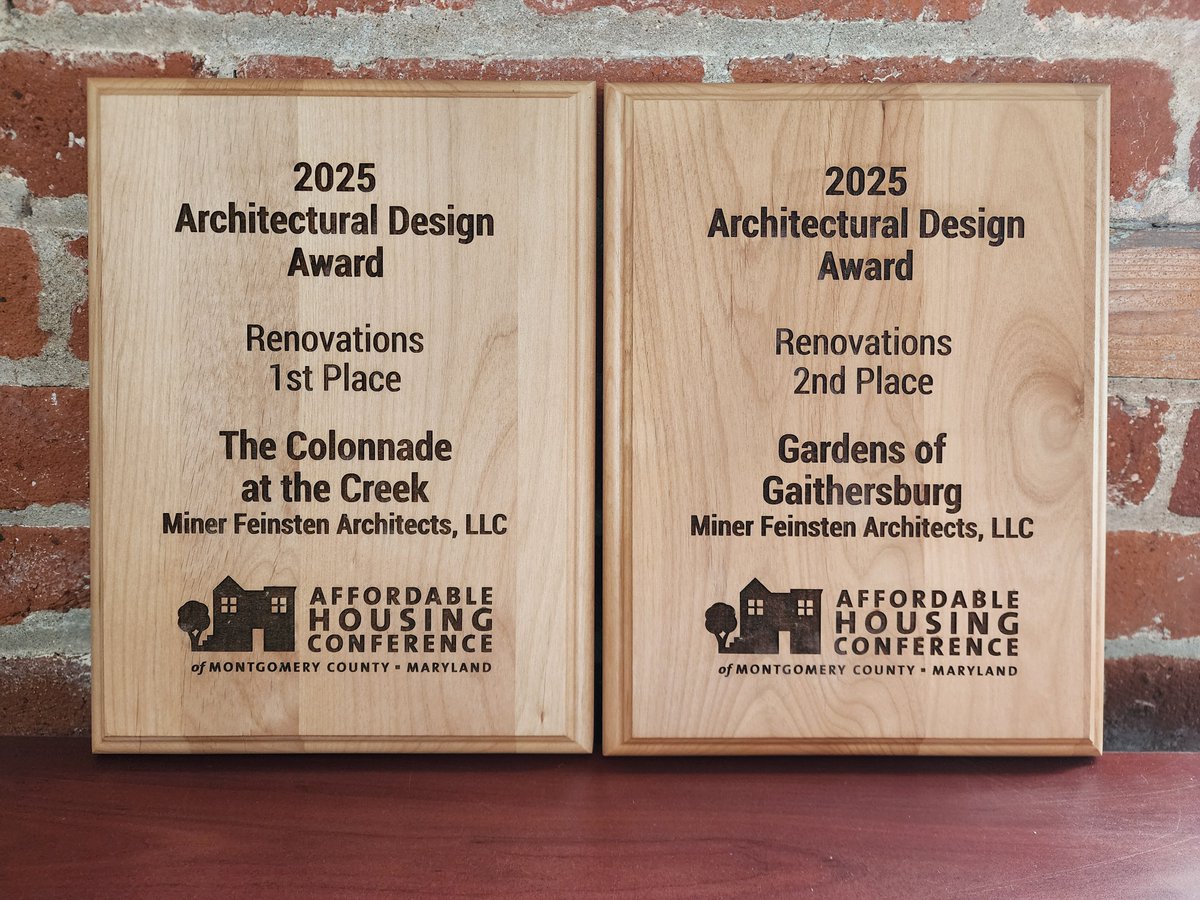 MinerFeinstein's tweet photo. MFA Wins 2 Renovation Awards at AHCMC!

MFA won 1st Place Renovations for The Colonnade at the Creek in Takoma Park, MD and 2nd Place Renovations for Gardens of Gaithersburg at the 2025 Affordable Housing Conference. #affordablehousing, #AHCMC, #MoCo, #MHP, #Bozzuto, #Harkins https://t.co/gbzCkQHdXk