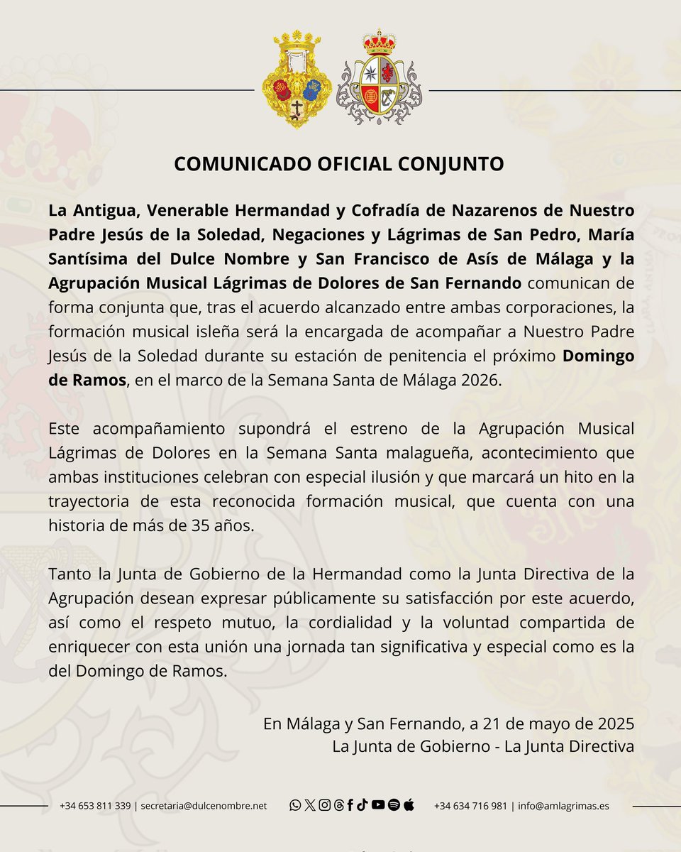 COMUNICADO OFICIAL | Acompañamiento musical de Nuestro Padre Jesús de la Soledad para el próximo Domingo de Ramos 2026.
#CofradiasMLG