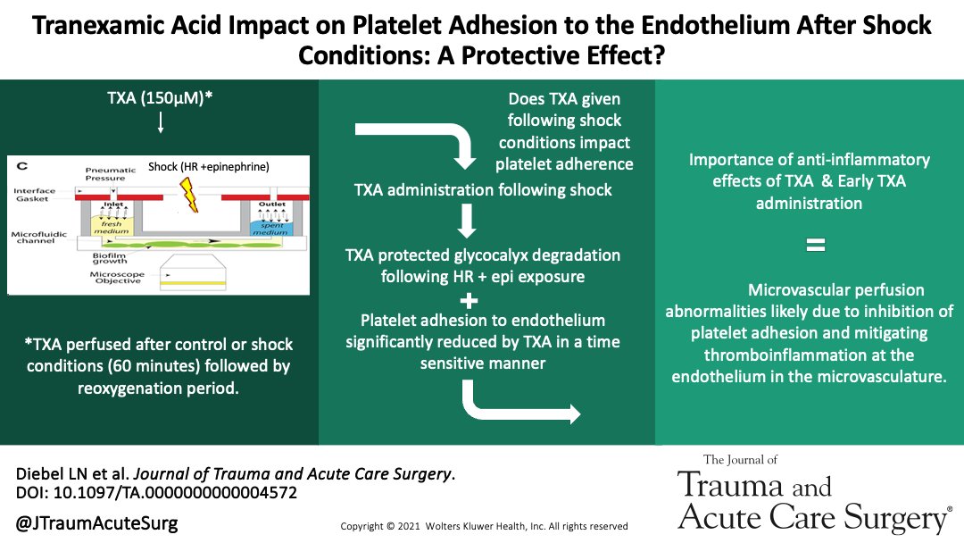 Endothelial microcultures were subjected to shock conditions. TXA was perfused and glycocalyx thickness, degradation products and platelet adhesion was measured. TXA protected the glycocalyx from degradation after shock and platelet adhesion was reduced.

journals.lww.com/jtrauma/abstra…