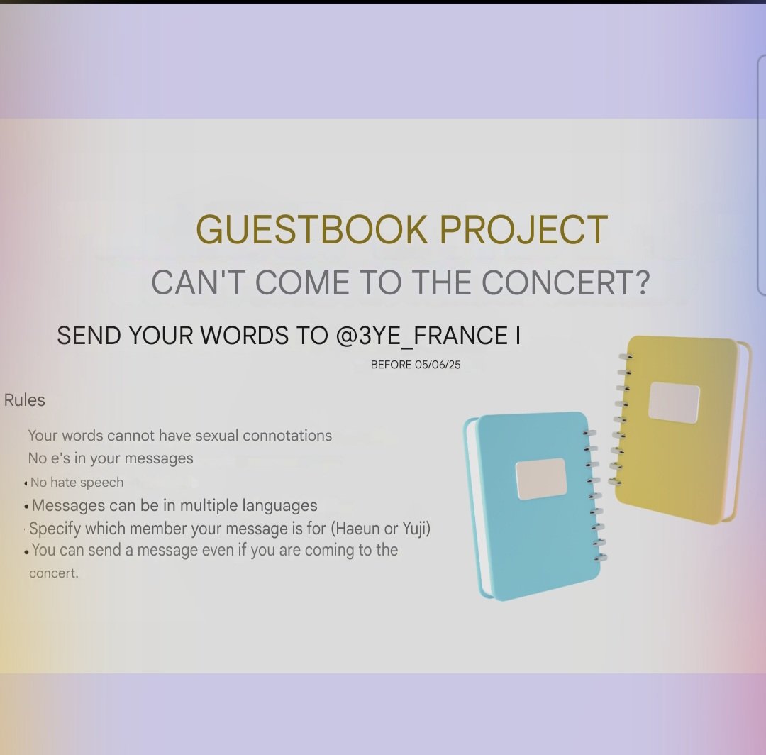 3YE_FRANCE's tweet photo. - CONCERT | 21.05.25

→ 🐹 🐼

🇬🇧 : We accept messages from fans abroad in the Girls in Paris book. You don't have to come to the concert to leave a message! We want to help fans around the world give them some love.

--- 『☀』---
#써드아이 #KPOP #유지
#손유지 #하은 #윤하은 https://t.co/Sn7gi6okyu
