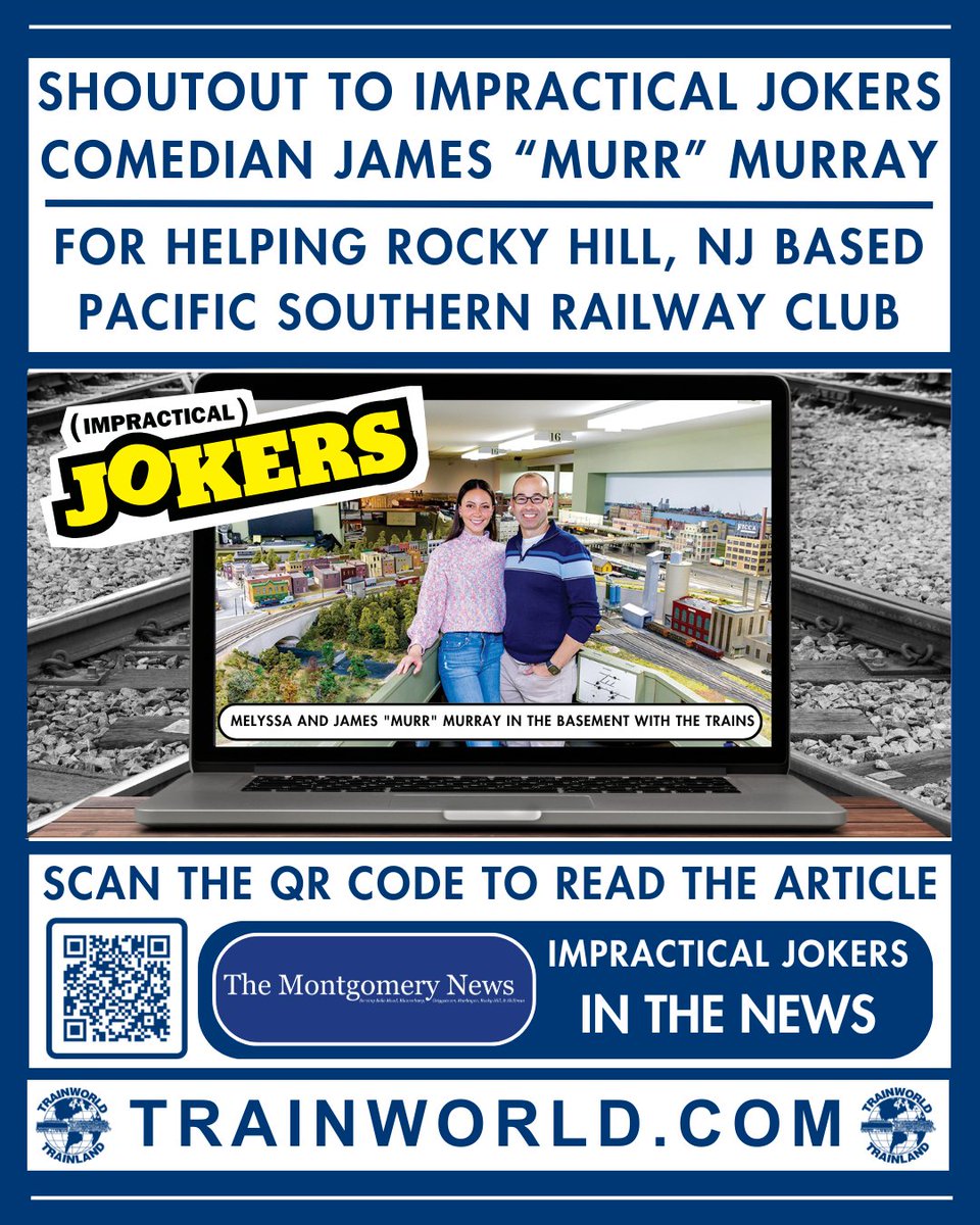 TrainWorld.com (@trainworld) on Twitter photo Shoutout to Impractical Jokers comedian James "Murr" Murray <a href="/jamessmurray/">Murr</a> for helping the Pacific Southern Railway Club in Rocky Hill, NJ! ๐
Scan the QR Code to read the article!
Photo & News Credit: The Montgomery News <a href="/TheMontyNews/">The Montgomery News</a>ย
<a href="/JokersTBS/">Impractical Jokers</a> <a href="/BQQuinn/">Brian Quinn</a> <a href="/SalVulcano/">Sal Vulcano</a>ย
#trains Shoutout to Impractical Jokers comedian James "Murr" Murray <a href="/jamessmurray/">Murr</a> for helping the Pacific Southern Railway Club in Rocky Hill, NJ! ๐
Scan the QR Code to read the article!
Photo & News Credit: The Montgomery News <a href="/TheMontyNews/">The Montgomery News</a>ย
<a href="/JokersTBS/">Impractical Jokers</a> <a href="/BQQuinn/">Brian Quinn</a> <a href="/SalVulcano/">Sal Vulcano</a>ย
#trains