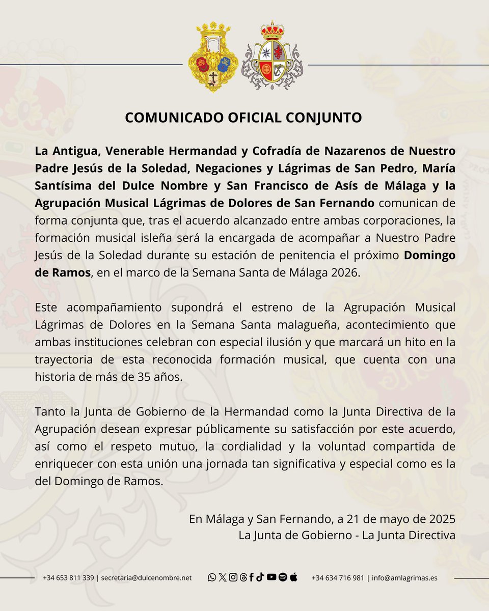 𝐂𝐎𝐌𝐔𝐍𝐈𝐂𝐀𝐃𝐎 𝐎𝐅𝐈𝐂𝐈𝐀𝐋 𝟐𝟏/𝟓/𝟐𝟓 🔴⚫️

Anunciamos el acuerdo alcanzado con la Hermandad del Dulce Nombre de Málaga para el próximo 𝐃𝐨𝐦𝐢𝐧𝐠𝐨 𝐝𝐞 𝐑𝐚𝐦𝐨𝐬 𝟐𝟎𝟐𝟔. 

<a href="/HdadDulceNombre/">Dulce Nombre</a> 

#Lagrimas #35aniversario #CofradiasMLG