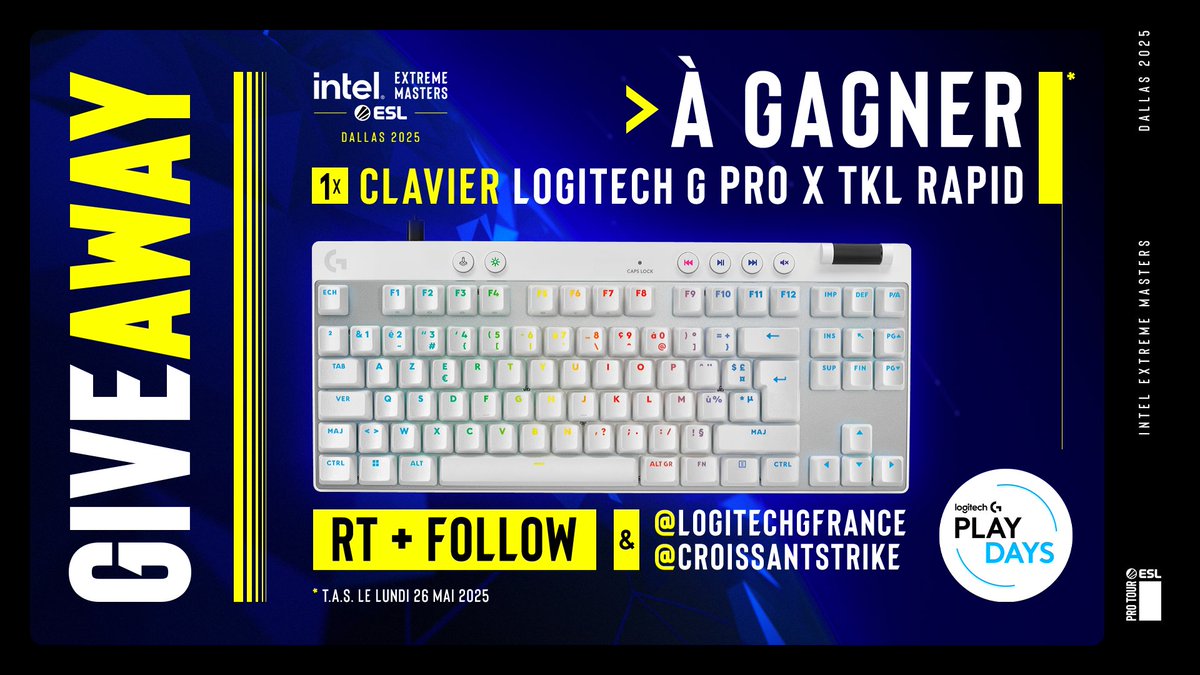Croissant Strike (@croissantstrike) on Twitter photo 🎁 #CONCOURS
À l’occasion du match 🇫🇷 3DMAX vs G2 🇪🇺, on a un cadeau à vous faire gagner avec Logitech G : le clavier PRO X TKL RAPID
🔁 RT ce post
👤 Suivre <a href="/LogitechGFrance/">Logitech G France</a> & <a href="/CroissantStrike/">Croissant Strike</a>
📅 Tirage au sort le 26/05
#CollaborationCommerciale 🎁 #CONCOURS
À l’occasion du match 🇫🇷 3DMAX vs G2 🇪🇺, on a un cadeau à vous faire gagner avec Logitech G : le clavier PRO X TKL RAPID
🔁 RT ce post
👤 Suivre <a href="/LogitechGFrance/">Logitech G France</a> & <a href="/CroissantStrike/">Croissant Strike</a>
📅 Tirage au sort le 26/05
#CollaborationCommerciale