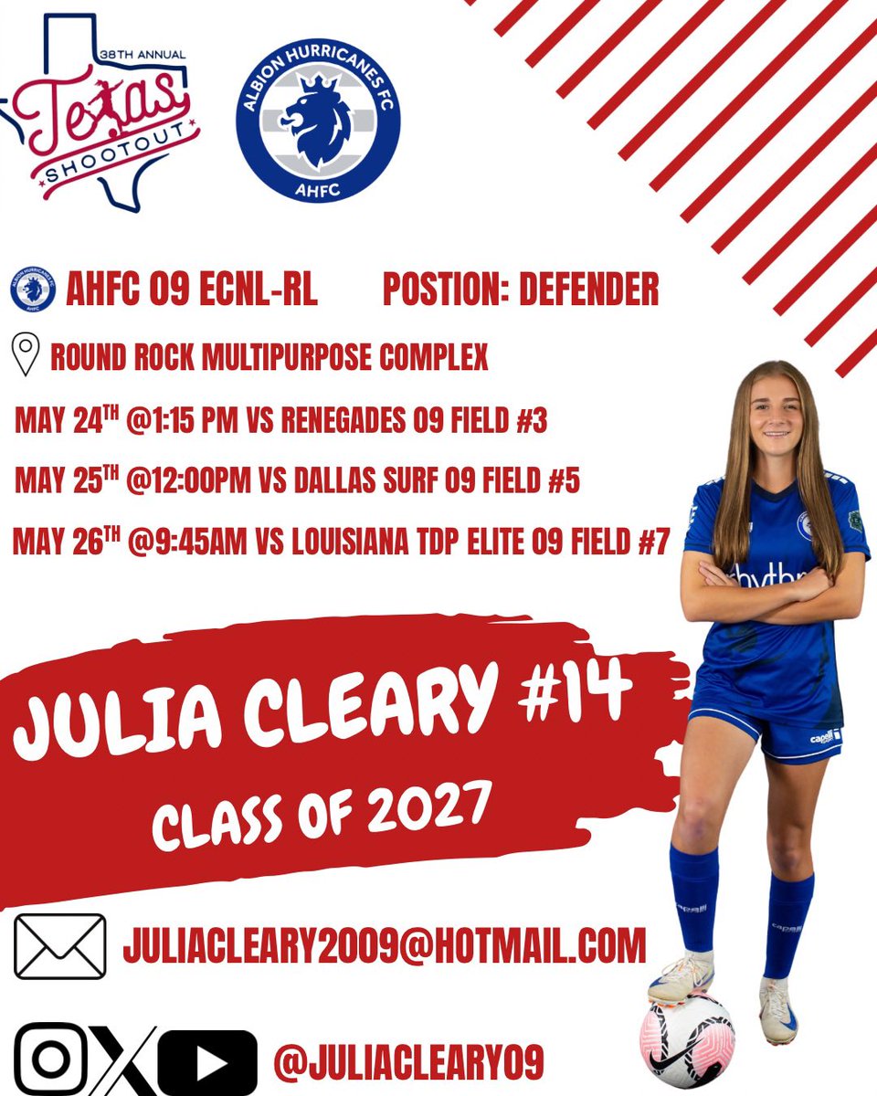 Juliacleary09's tweet photo. Excited to be heading to Round Rock this weekend and playing in the Texas Shootout! Come check out me and my team! @PrepSoccerTX @TopDrawerSoccer @ahfcsoccer @CoachGusMota https://t.co/pnsWBr9sst