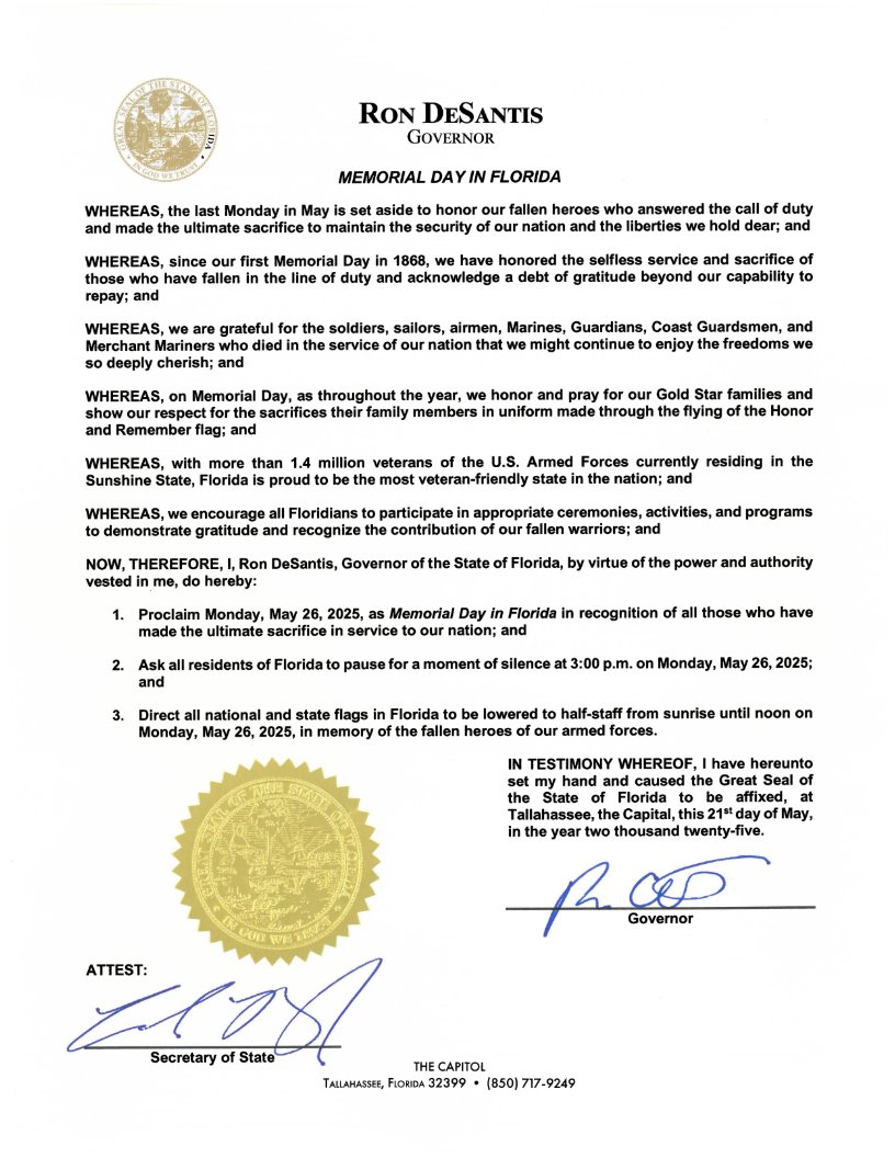 VetsFL's tweet image. .@GovRonDeSantis signed the 2025 Florida Memorial Day Proclamation today. Please pause for a moment of silence at 3:00 PM on Monday, May 26, 2025. Have a safe weekend.