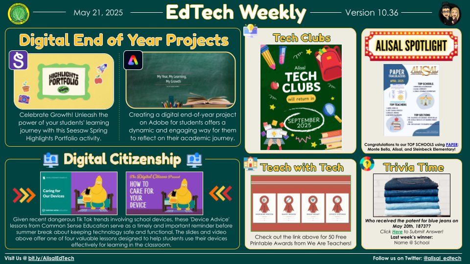 Alisal EdTech (@alisal_edtech) on Twitter photo <a href="/AlisalUSD/">Alisal Union SD</a> Educators! Finish the year strong with tech! 🧑💻📷 Explore digital end-of-year projects, digital citizenship tips & more in this week's highlights! 🎉 #AlisalStrong #AlisalFuerte <a href="/AlisalUSD/">Alisal Union SD</a> Educators! Finish the year strong with tech! 🧑💻📷 Explore digital end-of-year projects, digital citizenship tips & more in this week's highlights! 🎉 #AlisalStrong #AlisalFuerte
