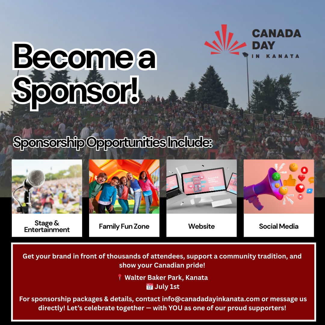 We’re looking for Canada Day sponsors! 🇨🇦

Support an incredible community event and boost your brand visibility!

Sponsor tiers available
Help bring live entertainment, vendors &amp; fun to life!

Reach out: info@canadadayinkanata.com
#CanadaDay #SponsorLocal