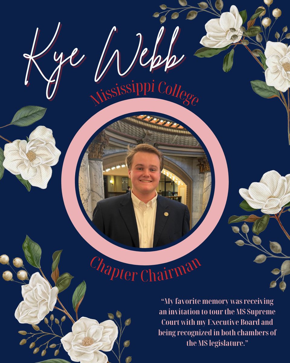 This week, we will be highlighting each individual who served as Chairman of a College Republicans chapter in Mississippi this past year. Our first highlight is Kye Webb from College Republicans at Mississippi College.