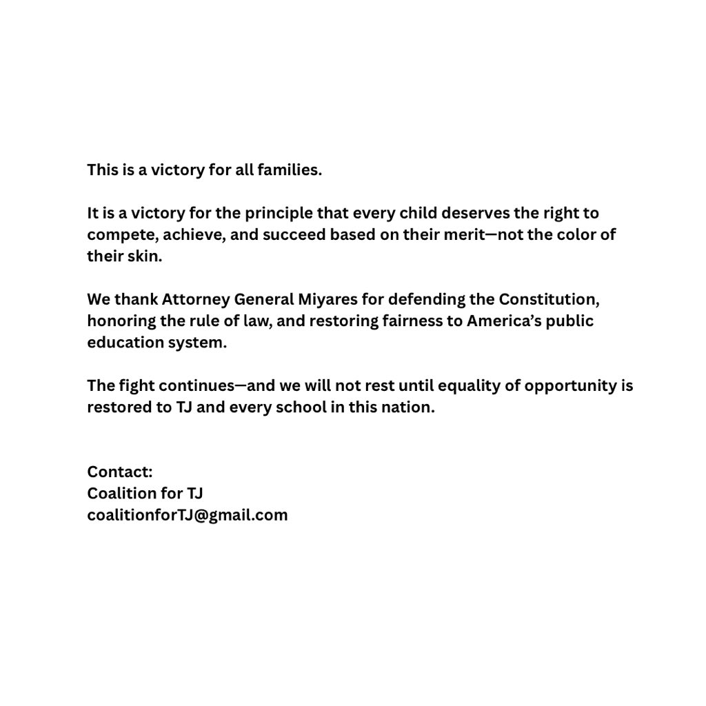 Coalition for TJ #FightingForMerit (@coalitionfortj) on Twitter photo The Coalition for TJ applauds Virginia Attorney General <a href="/JasonMiyaresVA/">Jason Miyares</a> for seeking a federal investigation into anti-Asian racism in Fairfax County Public Schools’ admissions to Thomas Jefferson High School for Science and Technology
Contact:
coalitionforTJ@gmail.com The Coalition for TJ applauds Virginia Attorney General <a href="/JasonMiyaresVA/">Jason Miyares</a> for seeking a federal investigation into anti-Asian racism in Fairfax County Public Schools’ admissions to Thomas Jefferson High School for Science and Technology
Contact:
coalitionforTJ@gmail.com