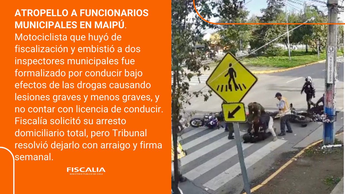 🔴Motociclista que ayer atropelló a dos funcionarios municipales durante un control vehicular en #Maipú fue formalizado hoy por Fiscal (s) Tatiana González en el Noveno Juzgado de Garantía.
                     👇🏻