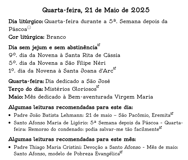 zelanti_pt's tweet photo. Calendário Litúrgico Tradicional

Quarta-feira, 21 de Maio de 2025

Dia litúrgico: Quarta-feira durante a 5ª. Semana depois da Páscoa (Branco)

Dia sem jejum e sem abstinência

Para ver algumas leituras recomendadas para este dia, acesse nosso site: https://t.co/3dNbYFBigd https://t.co/F1slL2cXsG