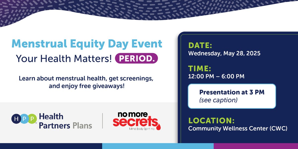 jeffhealthplans's tweet photo. Join us for Menstrual Equity Day at our CWC (6232 Market St, Philly)! Learn about menstrual health &amp; enjoy a fun, informative afternoon. Don’t miss @lynette_medley  at 3PM: Coming Together for a Period Friendly World! 

#MenstrualEquity #PhillyEvents https://t.co/ndQOXZipyO