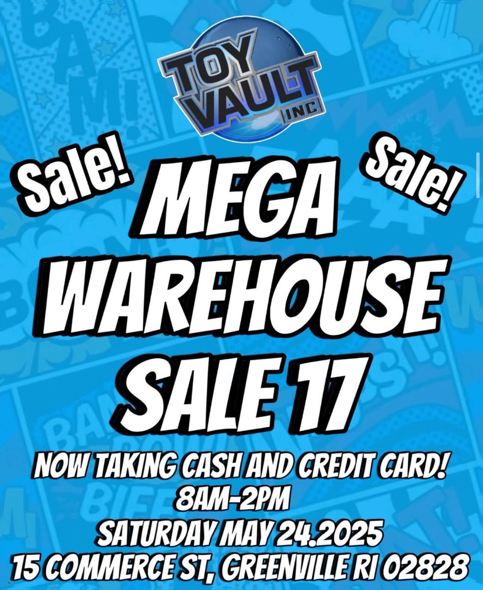 thetoyvault's tweet photo. THIS SATURDAY!! Don't Forget. We are having our Mega Warehouse Sale on May 24th 2025 from 8am-2pm!! We are now taking Cash and Credit Cards Overstock, one-shots, odds and ends. Come see why hundreds of Toy Vault fans come out for our big sale!

#sale #toys #bigsale #sell https://t.co/Ms6W4Eb1Va