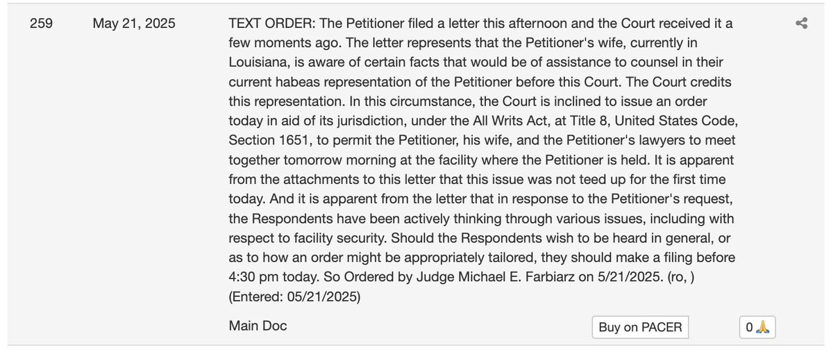UPDATE: Judge Farbiarz granted Mahmoud Khalil's request to order the LaSalle Detention Facility to permit Khalil's wife to accompany his legal team during a meeting tomorrow morning.