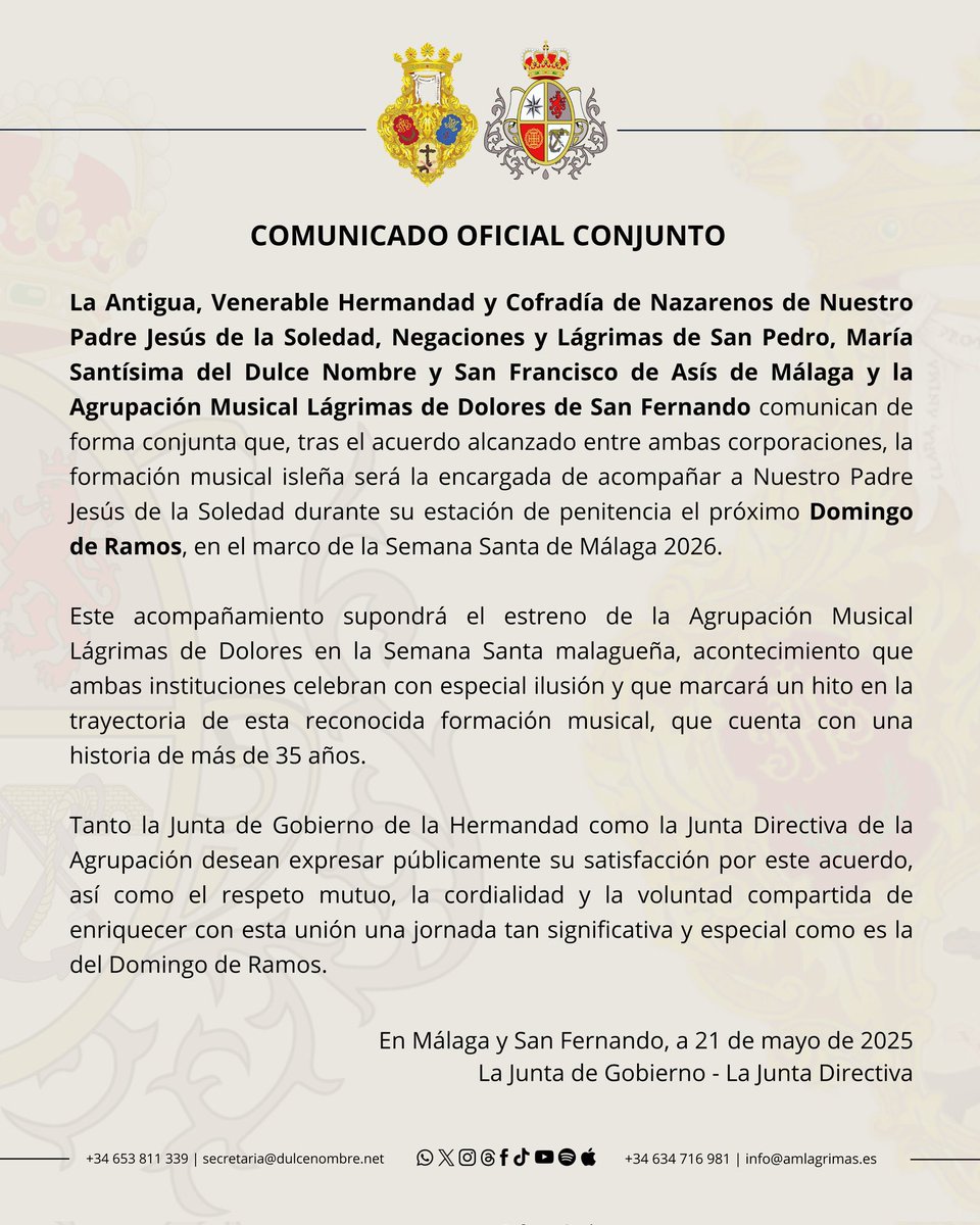 🆕 Ntro. Padre Jesús de la Soledad estará acompañado musicalmente por la <a href="/amlagrimas/">Lágrimas de Dolores</a> el próximo Domingo de Ramos.

🎺 Se trata del primer contrato musical de la formación gaditana en Málaga.

<a href="/HdadDulceNombre/">Dulce Nombre</a> | #CofradíasMLG