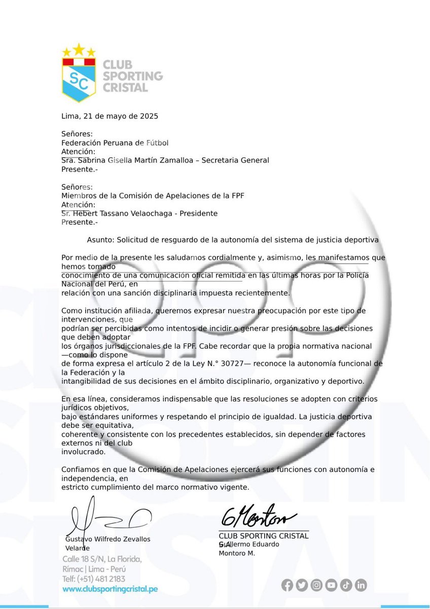Fútbol Como Cancha - Oficial (@rppdeportes) on Twitter photo #LOÚLTIMO | Sporting Cristal envió carta a los miembros de la Comisión de Apelaciones de la FPF. Misiva busca el resguardo de la autonomía del sistema de justicia deportiva. <a href="/RPPNoticias/">RPP Noticias</a> #LOÚLTIMO | Sporting Cristal envió carta a los miembros de la Comisión de Apelaciones de la FPF. Misiva busca el resguardo de la autonomía del sistema de justicia deportiva. <a href="/RPPNoticias/">RPP Noticias</a>