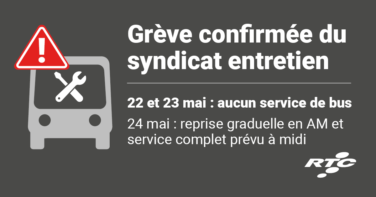 RTCQuebec's tweet image. Maintien de la grève du syndicat entretien les 22 et 23 mai prochains rtcquebec.ca/medias/communi…