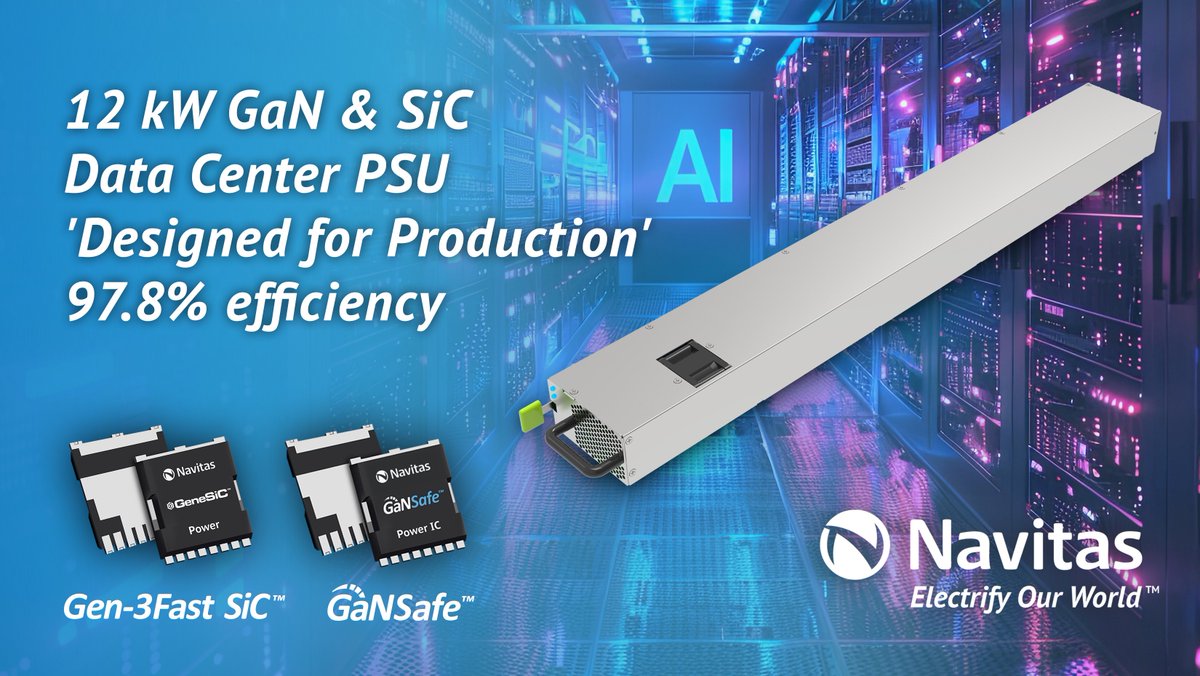 PwrElectronics's tweet image. Navitas Unveils 12 kW High-Efficiency #PSU #ReferenceDesign for #Hyperscale #AI #DataCenters powerelectronicsnews.com/navitas-unveil…