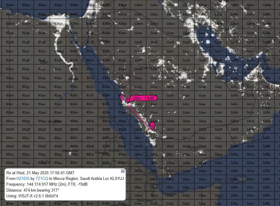 HZ1DG's tweet photo. للمرة الثانية على التوالي ، تم عمل اتصال مع اخي عبدالحفيظ قشقري @7Z1CQ عبر ترددات هواة اللاسلكي في نطاق 2 متر ، حيث بلغت المسافة المقطوعه 474 كيلو مابين مكة المكرمه وخميس مشيط بنمط FT-8 .

الرطوبة غالبا هي مساعد رئيسي في تكوين تيار ناقل للاشارات الفوق عالية جدا VHF . https://t.co/RvmRW2OInG