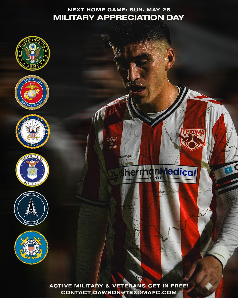 Texoma FC (@usltexoma) on Twitter photo THIS SUNDAY: TFC Military Appreciation Day‼️
Veterans and active military members get into the game for free!
Please contact DAWSON@TEXOMAFC.COM
#WeAreTexomaFC #VamosTexoma #MilitaryAppreciation THIS SUNDAY: TFC Military Appreciation Day‼️
Veterans and active military members get into the game for free!
Please contact DAWSON@TEXOMAFC.COM
#WeAreTexomaFC #VamosTexoma #MilitaryAppreciation